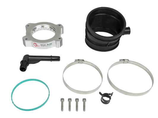 Silver aFe Silver Bullet Throttle Body Spacer for Stock Air Intake Kit with hardware for '20-'23 C8 Corvette offered by Upstate Speed.