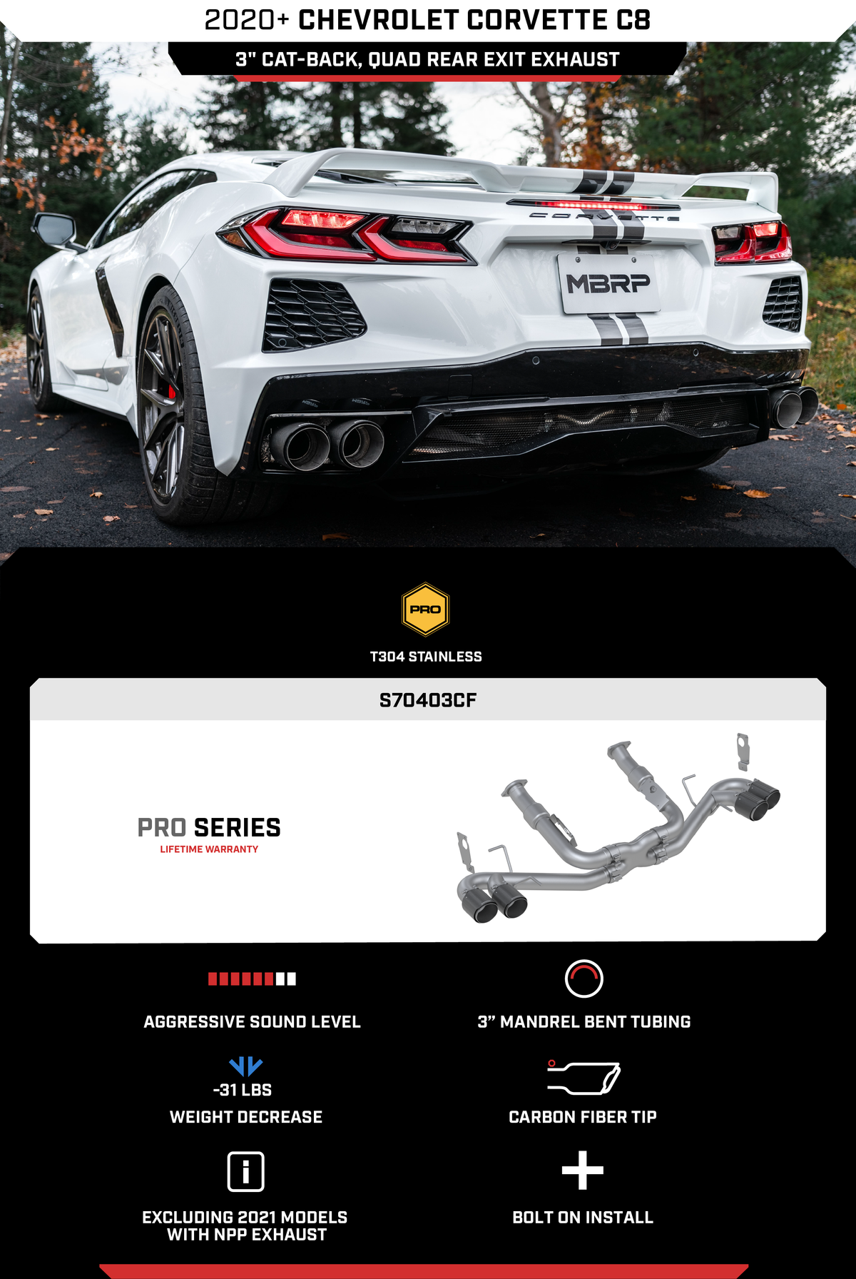 MBRP 3" Non-Valved Stainless Steel Cat-Back w/ Quad Carbon Fiber Tips for '20-'25 C8 Corvette (S70403CF)