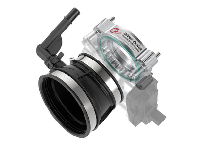Front view of silver aFe Silver Bullet Throttle Body Spacer for Stock Air Intake Kit for '20-'23 C8 Corvette offered by Upstate Speed.