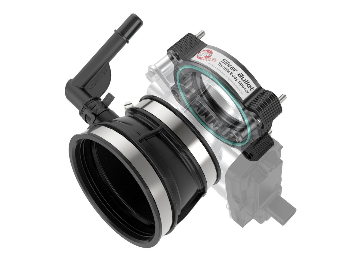 Front view of black aFe Silver Bullet Throttle Body Spacer for Stock Air Intake Kit for '20-'23 C8 Corvette offered by Upstate Speed.