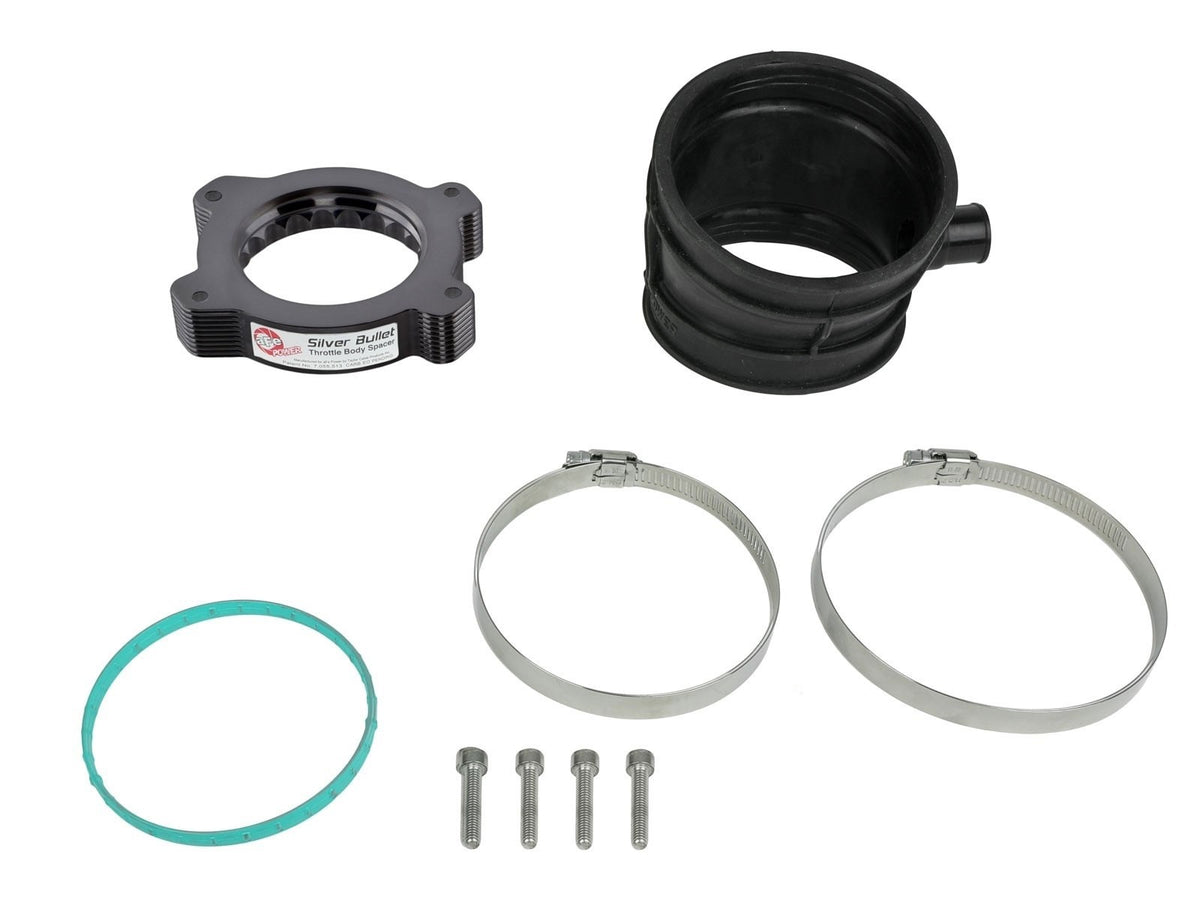 aFe Silver Bullet Throttle Body Spacer plus hardware for aFe Track and Black Series Carbon Fiber Cold Air Intake Kits for '20-'23 C8 Corvette offered by Upstate Speed.