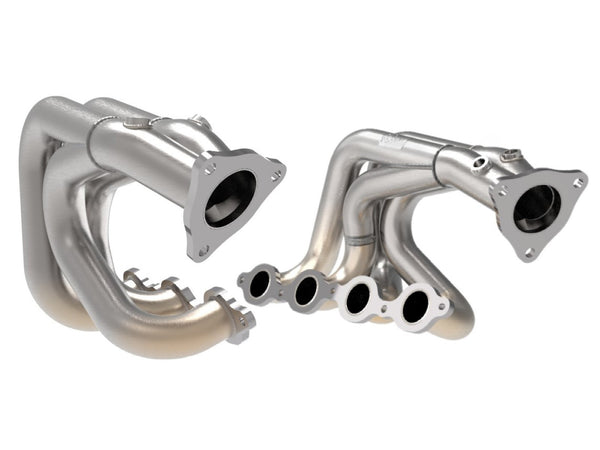 Front view of aFe 1-7/8" Twisted Steel 304 Raw Stainless Steel Headers for '20-'23 C8 Corvette offered by Upstate Speed.