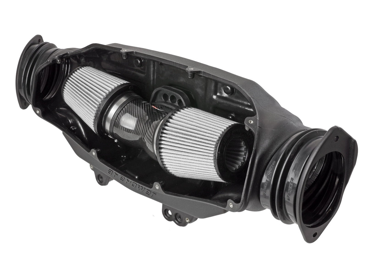 Front view of aFe Black Series Carbon Fiber Cold Air Intake with Pro Dry S air filters for '20-'23 C8 Corvette offered by Upstate Speed.