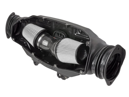 Front view of aFe Black Series Carbon Fiber Cold Air Intake with Pro Dry S air filters for '20-'23 C8 Corvette offered by Upstate Speed.