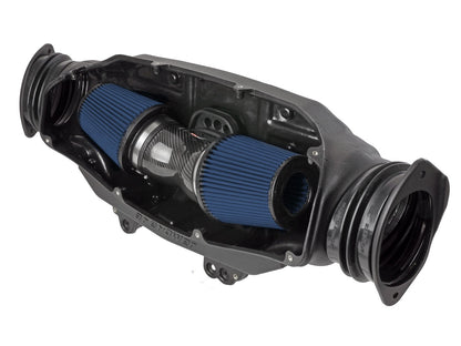 Front view of aFe Black Series Carbon Fiber Cold Air Intake for '20-'23 C8 Corvette with pro 5R air filters offered by Upstate Speed.